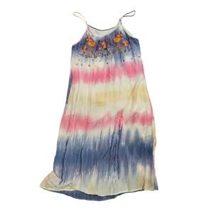 SAVANNA JANE ombre tie dye embroidered boho dress womens Large coastal midi slip